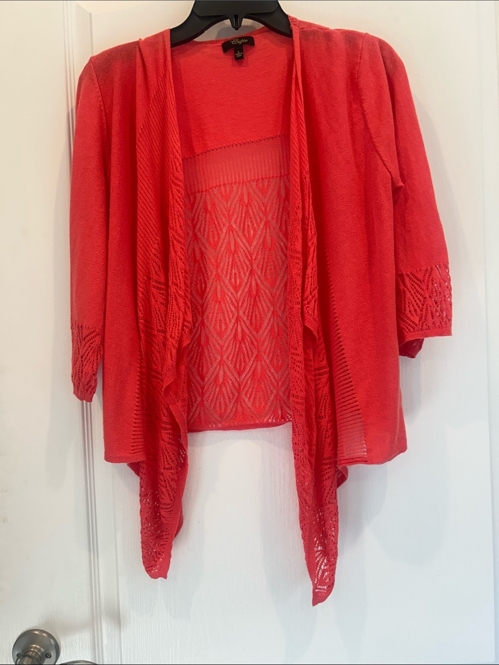 Cupid Coral Open-Front Knit Cardigan with Lace Knit Back large